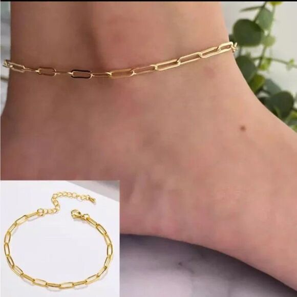 New Gold Ankle Bracelet- Paperclip Chain  Anklet Waterproof - Picture 1 of 6